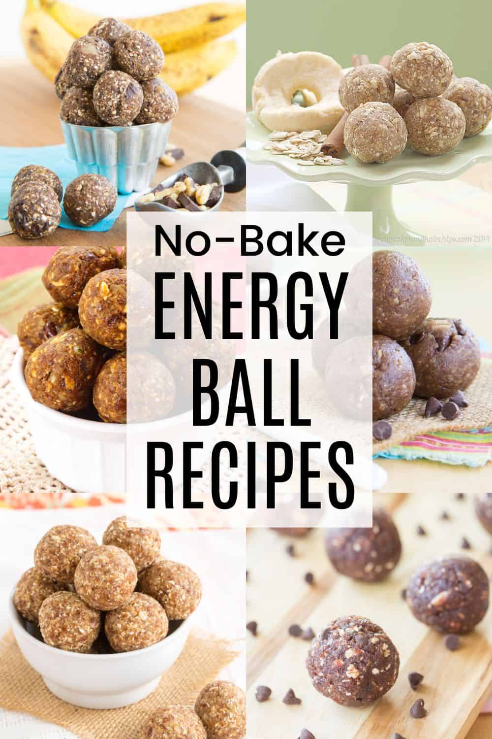A two-by-three collage of different energy bites with a transparent white box in the middle with text overlay that says "No-Bake Energy Balls Recipes".