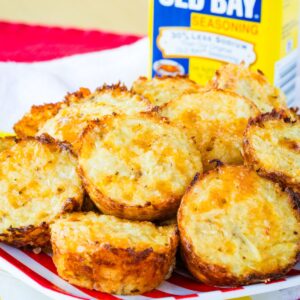 A closeup of a pile of Old Bay cauliflower tots.