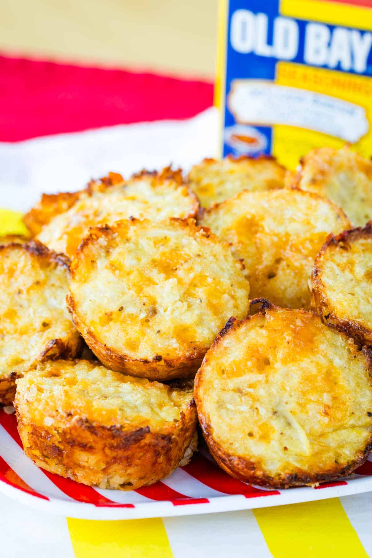 A closeup of a plate of Old Bay Cauliflower Tots.