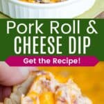 A cheesy dip with pieces of meat in a white dish and some of the dip on a bagel chip divided by a green box with text overlay that says "Pork Roll & Cheese Dip" and the words "Get the Recipe!".