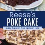 A piece of chocolate peanut butter cake on a plate and a slice being lifter out of the cake pan on a spatula divided by a blue box with text overlay that says "Reese's Poke Cake" and the words easy, gluten free option, and rich.