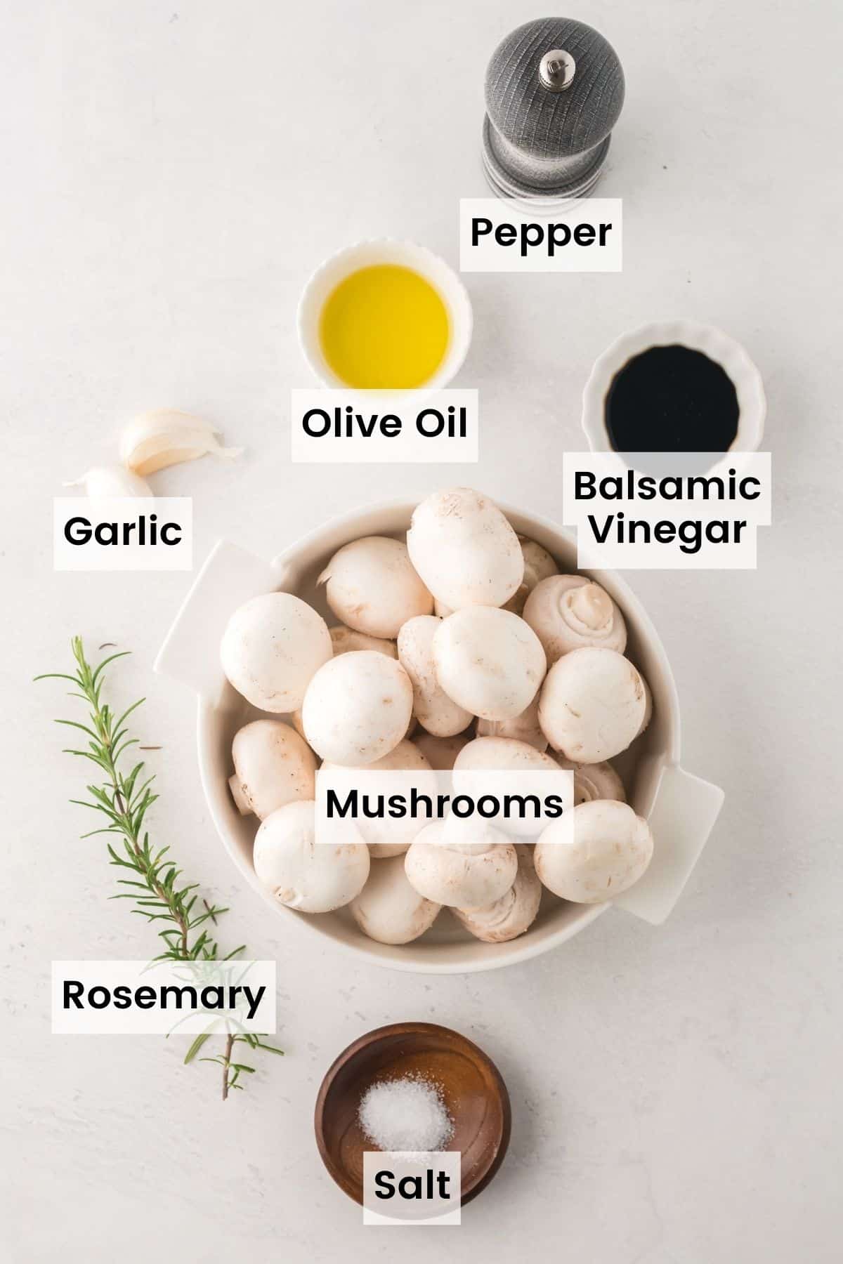 Labeled photo of ingredients for roasted mushrooms.