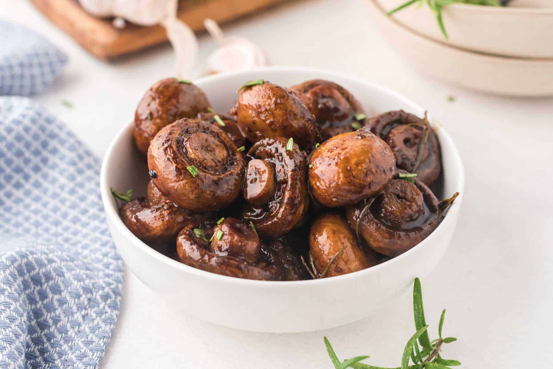 A bowl of Balsamic roasted mushrooms.