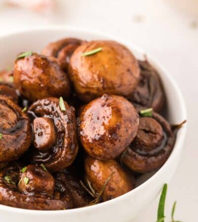 A bowl of Balsamic Roasted Mushrooms with Rosemary.