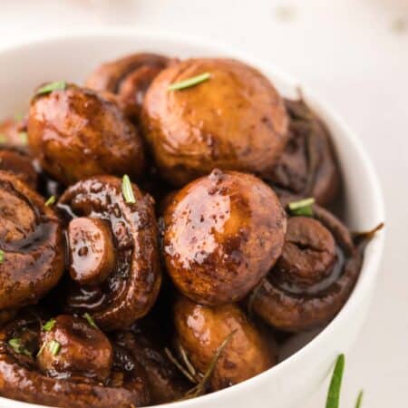 A bowl of Balsamic Roasted Mushrooms with Rosemary.