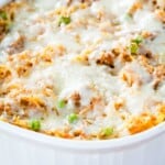 Spaghetti squash casserole in a white ceramic baking dish.