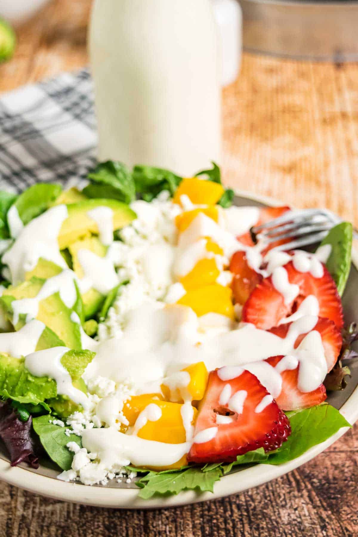 Mixed greens topped with strawberries, mango, avocado, goat cheese, and creamy citrus dressing.