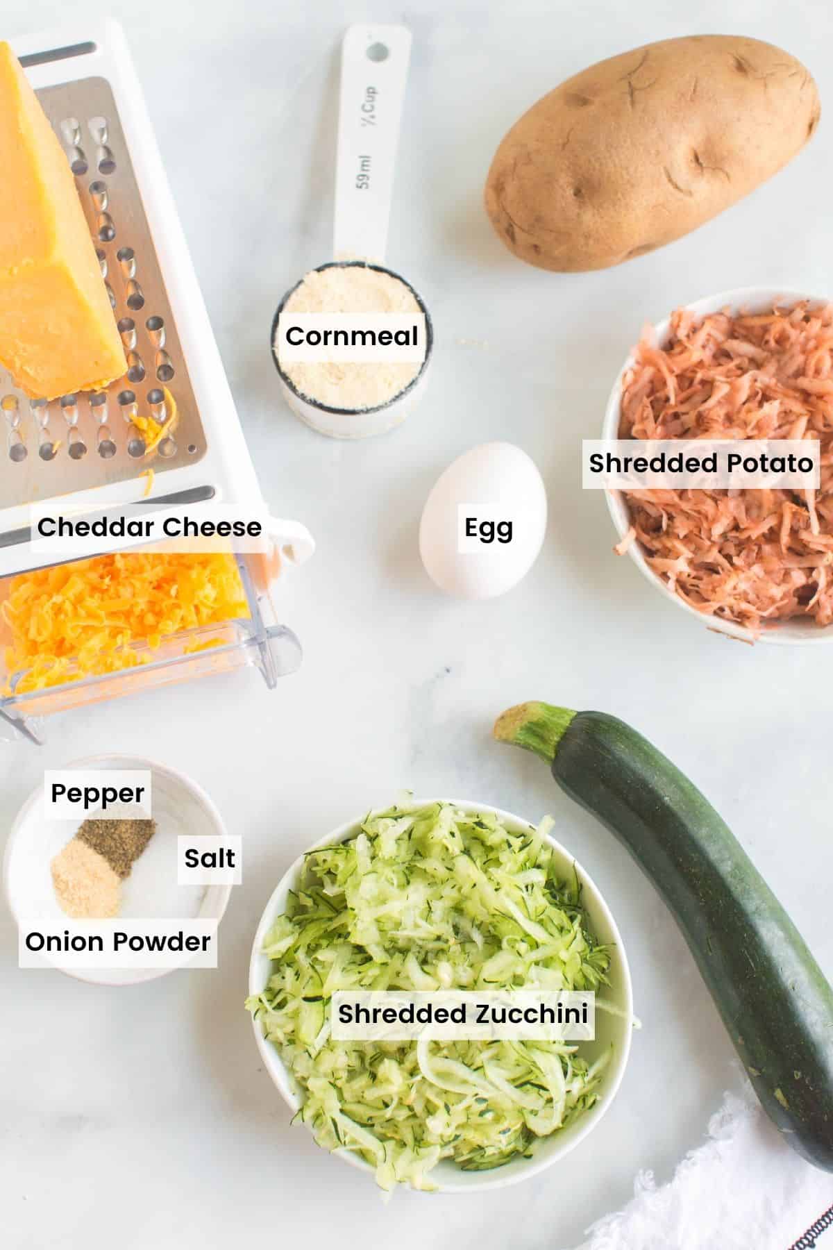 Ingredients for Zucchini Tots labeled.