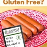 Four uncooked hot dogs on a red and white plate with text overlay that says "Are Hot Dogs Gluten Free?" and a graphic of a tablet device with the sentence "All the info, brands to buy, plus recipes!" on it.