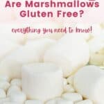 A pile of large and mini marshmallows on a tabletop with pink text that says "Are Marshmallows Gluten Free?" and "everything you need to know".