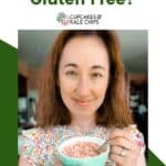 A photo of a woman holding a bowl of crispy rice cereal overlaid on a green and white background with text that says "Are Rice Krispies Gluten Free?"