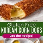 A few crispy corn dogs on wax paper with one broken open to show the melty cheese interior and three laying on wax paper on a tray with small dishes of ketchup and mustard divided by a green box with text overlay that says "Gluten Free Korean Corn Dogs" and the words "Get the Recipe!".