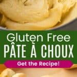 A paddle attachment of a mixer in a bowl with choux dough and several round baked choux pastry on a sheet pan divided by a green box with text overlay that says "Gluten-Free Pate a Choux" and the words "Get the Recipe".