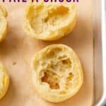 A cut-open unfilled choux pastry on a sheet pan with text overlay that says "Gluten-Free Pate a Choux".