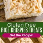 A closeup of one rice krispie treats and several spread out on a wooden board divided by a green box with text overlay that says "Gluten Free Rice Krispies Treats" and the words "Get the Recipe!"