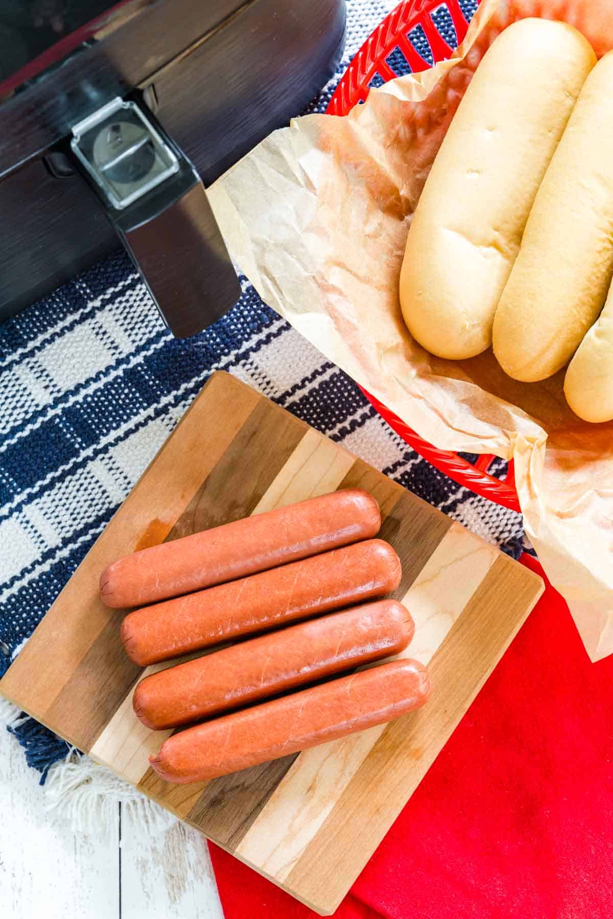 Ingredients needed for air fryer hot dogs - hot dogs and buns.