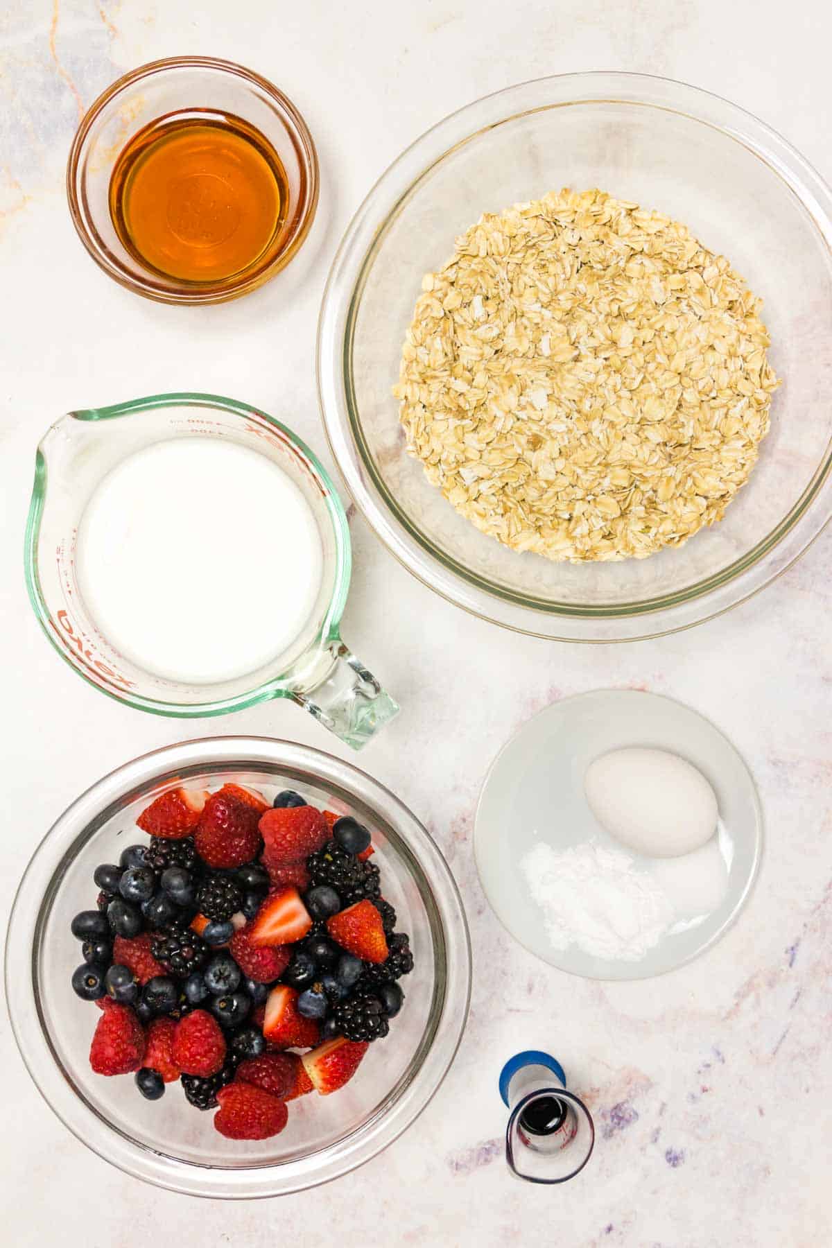 Recipe ingredients on a marble countertop.