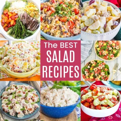 A three-by-three collage of different salads like grilled shrimp salad, mexican pasta salad, potato salad, tomato cucumber salad and more with a pink box in the middle with white text that says "The Best Salad Recipes".