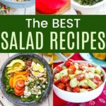 A collage of different salads like creamy fruit salad, spinach salad, tomato cucumber salad, potato salad with bacon and more divided by a green box with text overlay that says "The Best Salad Recipes".