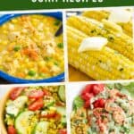 A two-by-two collage of corn chowder, corn on the cob, sauteed corn, and a shrimp salad with corn with text overlay that says "Gluten Free Corn Recipes".
