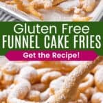 Funnel cake fries dusted with powdered sugar on a parchment-lined sheet pan and one being dipped in chocolate sauce divided by a green box with text overlay that says "Gluten Free Funnel Cake Fries" and the words "Get the Recipe!"