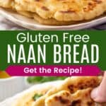 Melted butter being brushed on a piece of naan and one piece with butter and garlic on it being picked up and folded divided by a green box with text overlay that says "Gluten Free Naan Bread" and the words "Get the Recipe!".