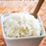 A white square bowl of cooked white rice with text overlay that says "5 Ways to Make Jasmine Rice".