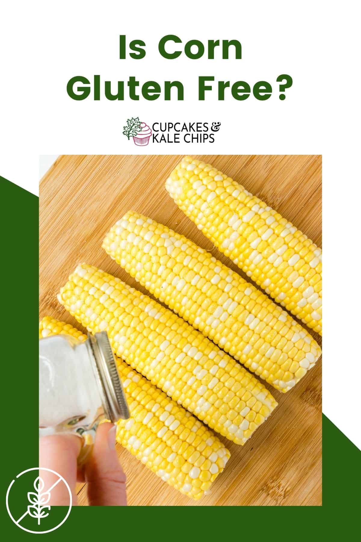 A photo of salt being shaken onto raw ears of corn on the cob on a green and white background with text overlay that says "Is Corn Gluten Free?".