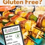 Kabobs of sausage, zucchini, and corn on a platter with text overlay that says "Is Corn Gluten Free?" and an image of a tablet device with the words "All the info, other corn products, and recipes!".