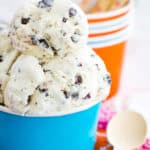 No churn chocolate chip ice cream in a blue cup.