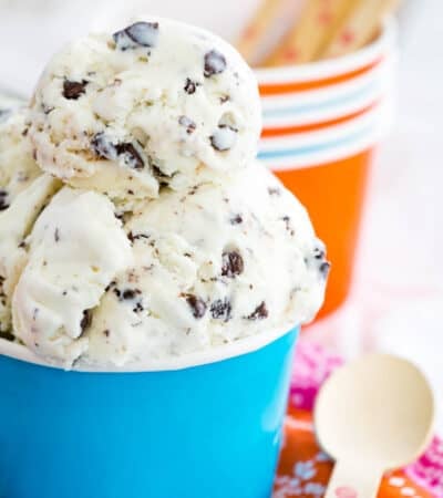 No churn chocolate chip ice cream in a blue cup.