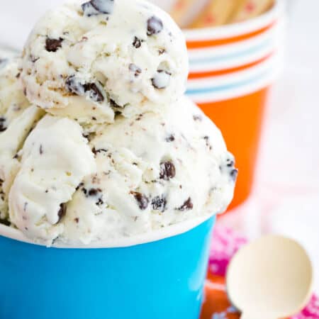No churn chocolate chip ice cream in a blue cup.