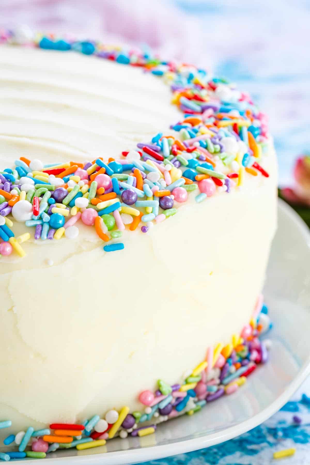 A frosted cake with the edges decorated with sprinkles.