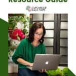 A photo of a woman looking a Macbook computer on a green and white background with text overlay that says "Gluten Free Resource Guide".