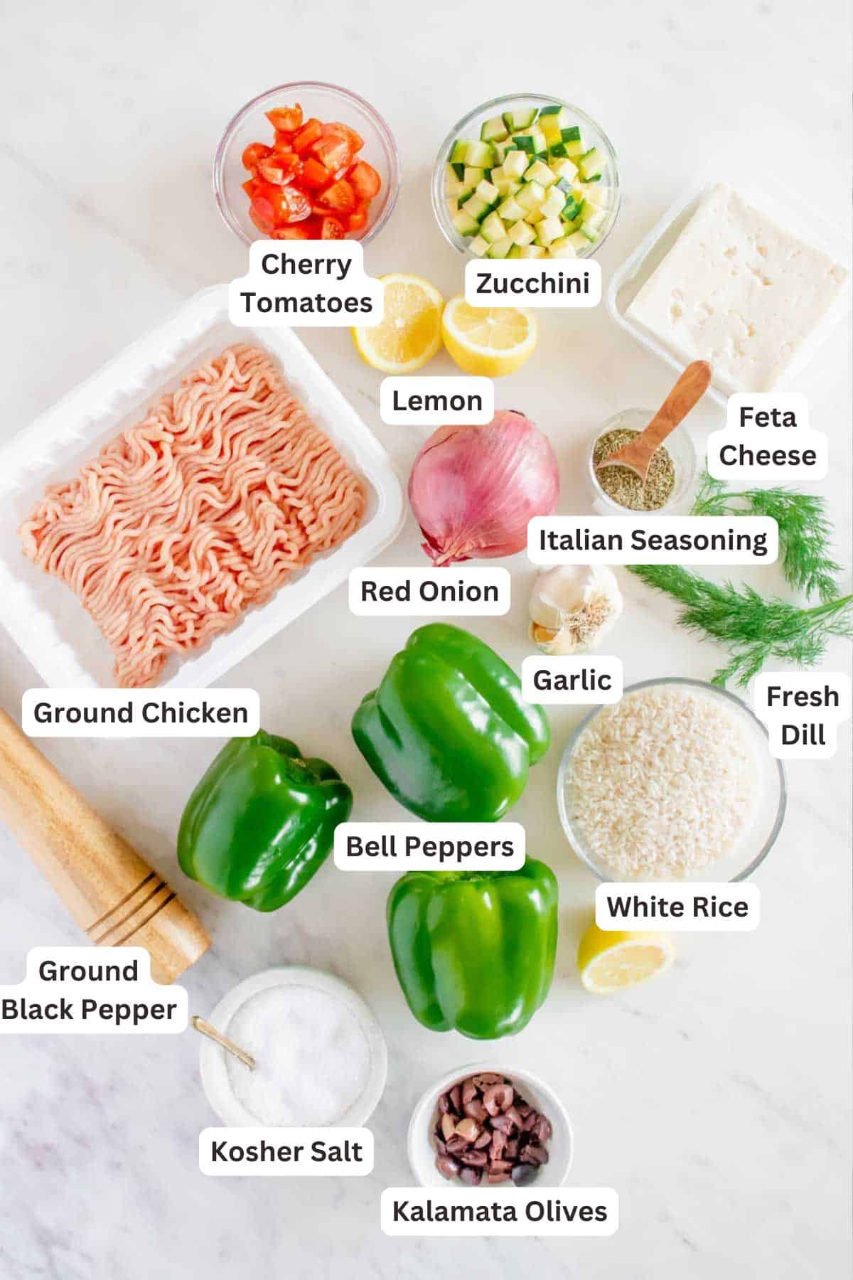 Ingredients for Greek Chicken Stuffed Peppers.