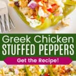 A closeup of a stuffed pepper with a dollop of tzatziki sauce and a white baking pan of stuffed green bell peppers topped with feta divided by a green box with text overlay that says "Greek Chicken Stuffed Peppers" and the words "Get the Recipe!".