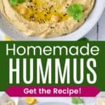 A bowl of hummus garnished with olive oil, chickpeas, sesame seeds and fresh cilantro and the bowl with dishes of pita and sesame seeds next to it divided by a green box with text overlay that says "Homemade Hummus" and the words "Get the Recipe!".