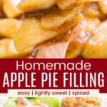 Apple pie filling on a spoon and two glass jars of it with one made with sliced apples and one with chunks of apples divided by a red box with text overlay that says "Homemade Apple Pie Filling" and the words easy, lightly sweet, and spiced.