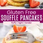 A stack of three souffle pancakes spread on a plate dusted with powdered sugar and topped with berries and a fork cutting into the stack divided by a purple box with text overlay that says "Gluten Free Souffle Pancakes" and the words fluffy, light, and tender.