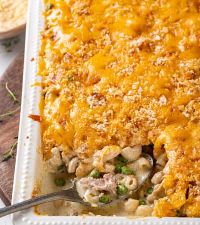 A spoon lifts out a portion of gluten-free tuna noodle casserole.