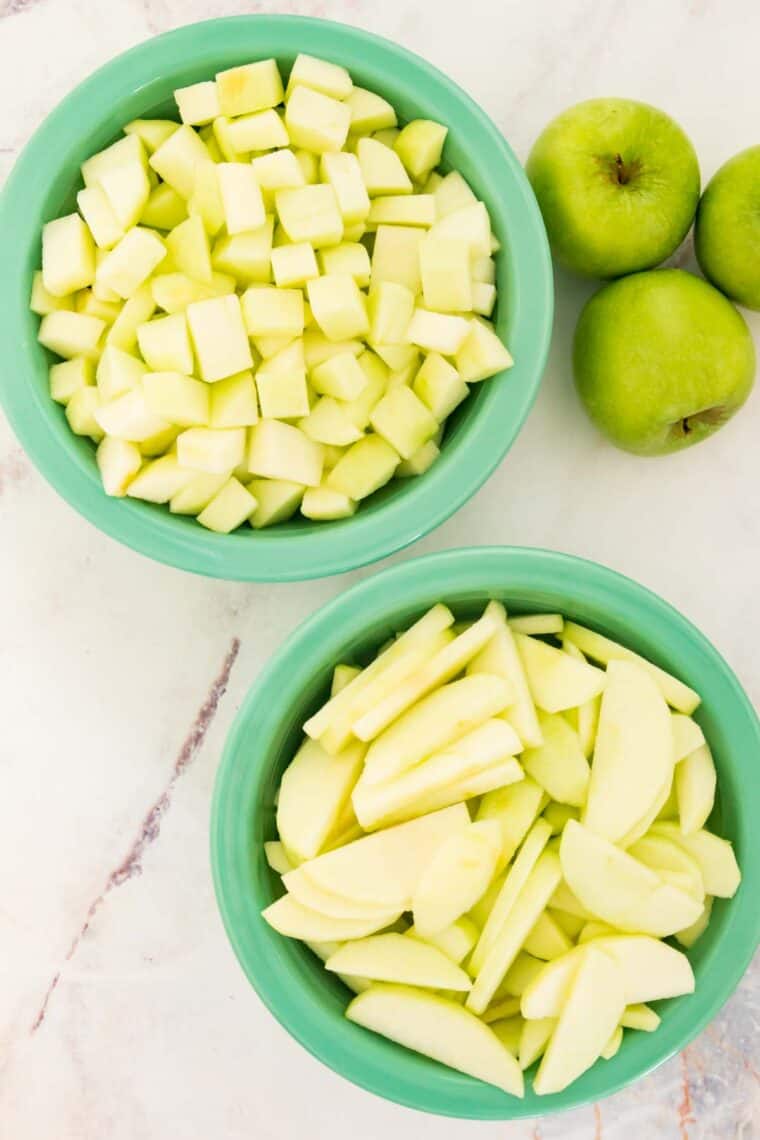 Sliced apples are shown in bowls.