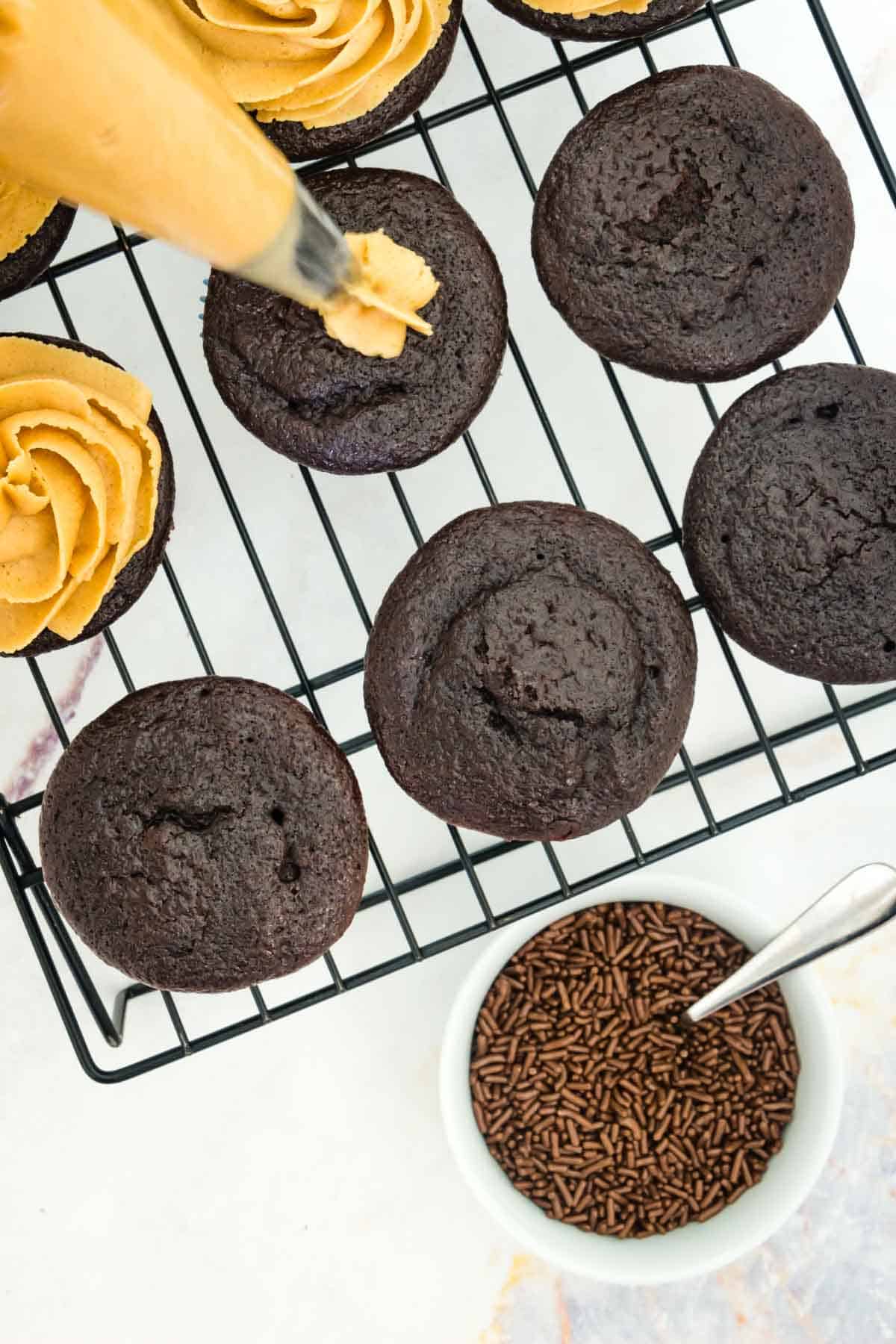 A wire rack of chocolate cupcakes is shown with frosting.