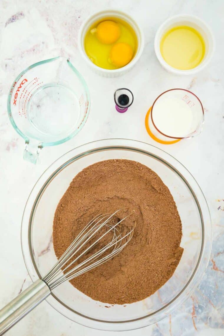 Whisking dry ingredients for gluten free chocolate cupcakes.