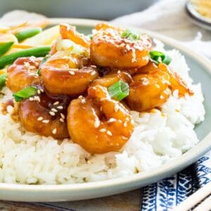 Teriyaki shrimp sprinkled with sesame seeds and scallions served over white rice on a light blue plate.