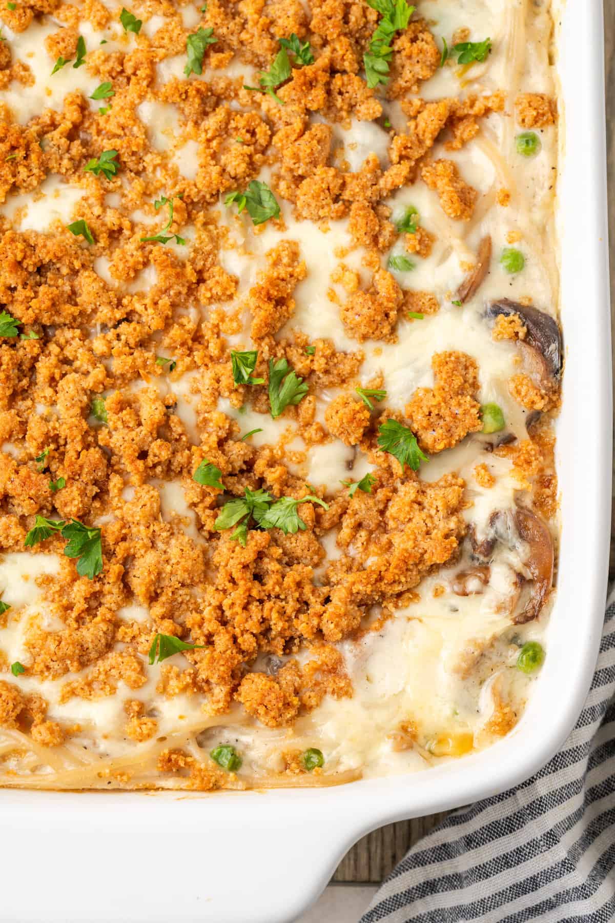 A close up of a pan of chicken tetrazzini.