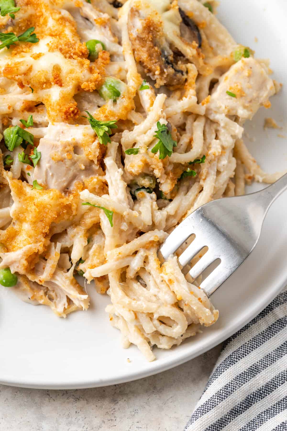 A plate of chicken tetrazzini with a fork.