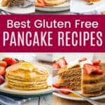 A collage of different types of pancakes with a pink box in the middle with text overlay that says "Best Gluten Free Pancake Recipes".
