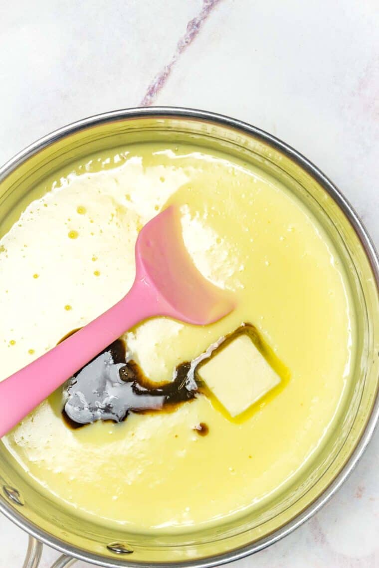 Butter and vanilla are added to custard.
