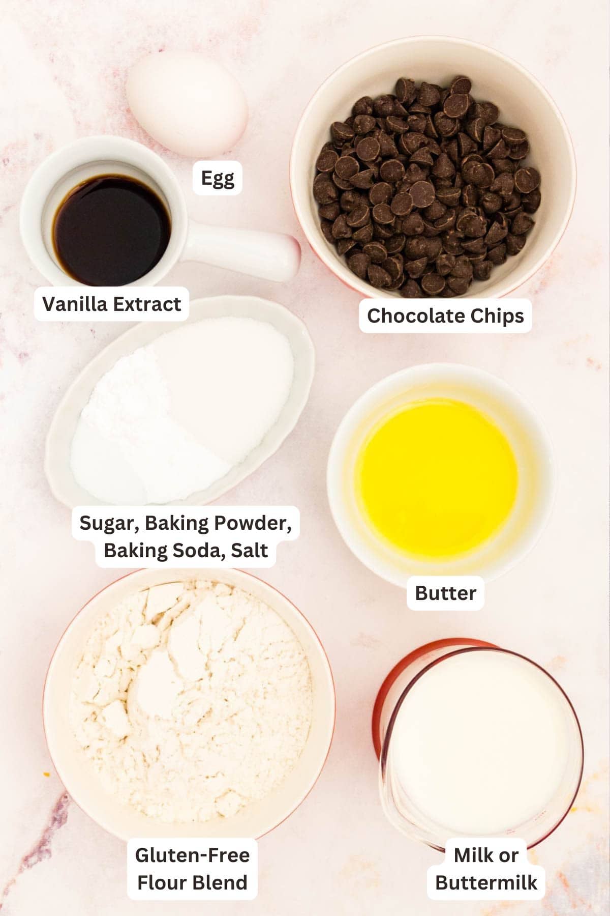 Ingredients for Gluten Free Chocolate Chip Pancakes.