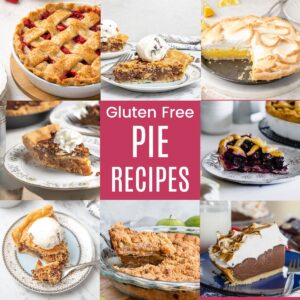 A three-by-three collage of different pies with a pink box in the middle with text overlay that says "Gluten Free Pie Recipes".